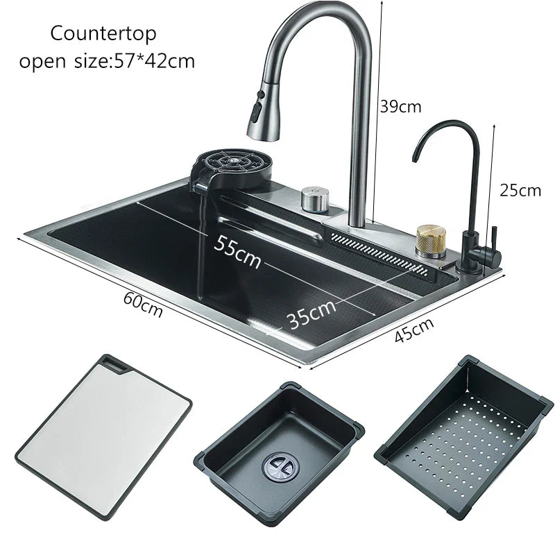 Stainless Steel Cup Washer Waterfall Kitchen Sink - Image 2