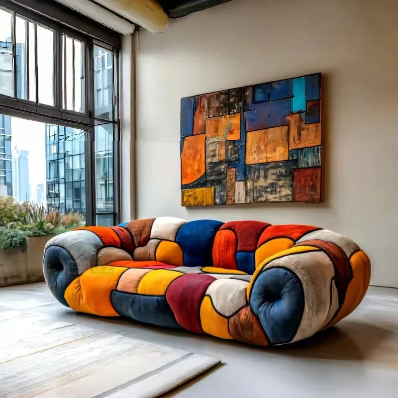 Colorful Mosaic Patchwork Curved Velvet Lounge Sofa - Image 0