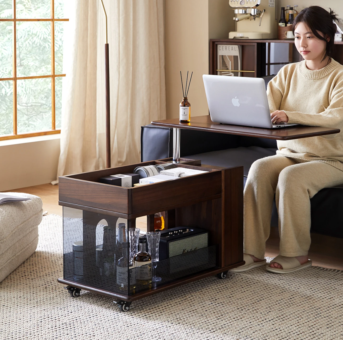 Walnut Wave Elegant Adjustable Rotating Side Table