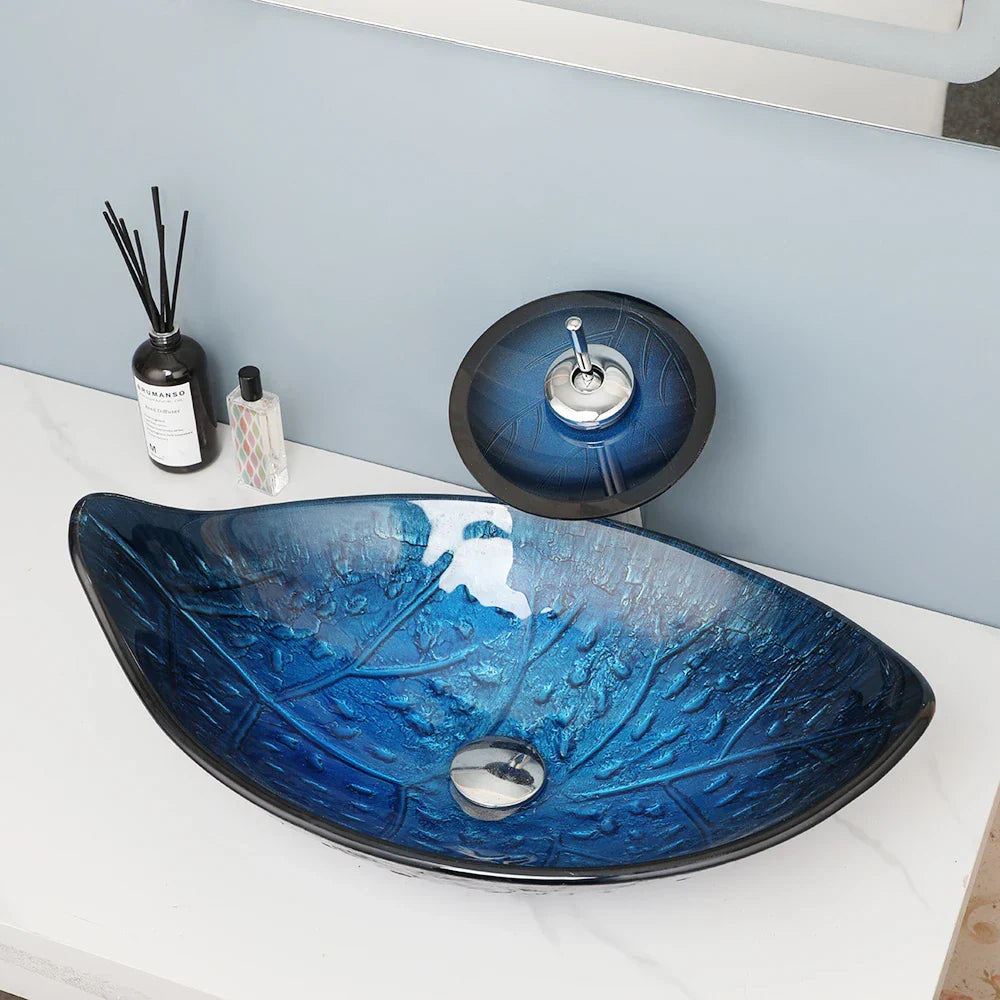 Oval Vessel Tempered Glass Waterfall Faucet Combo Sink