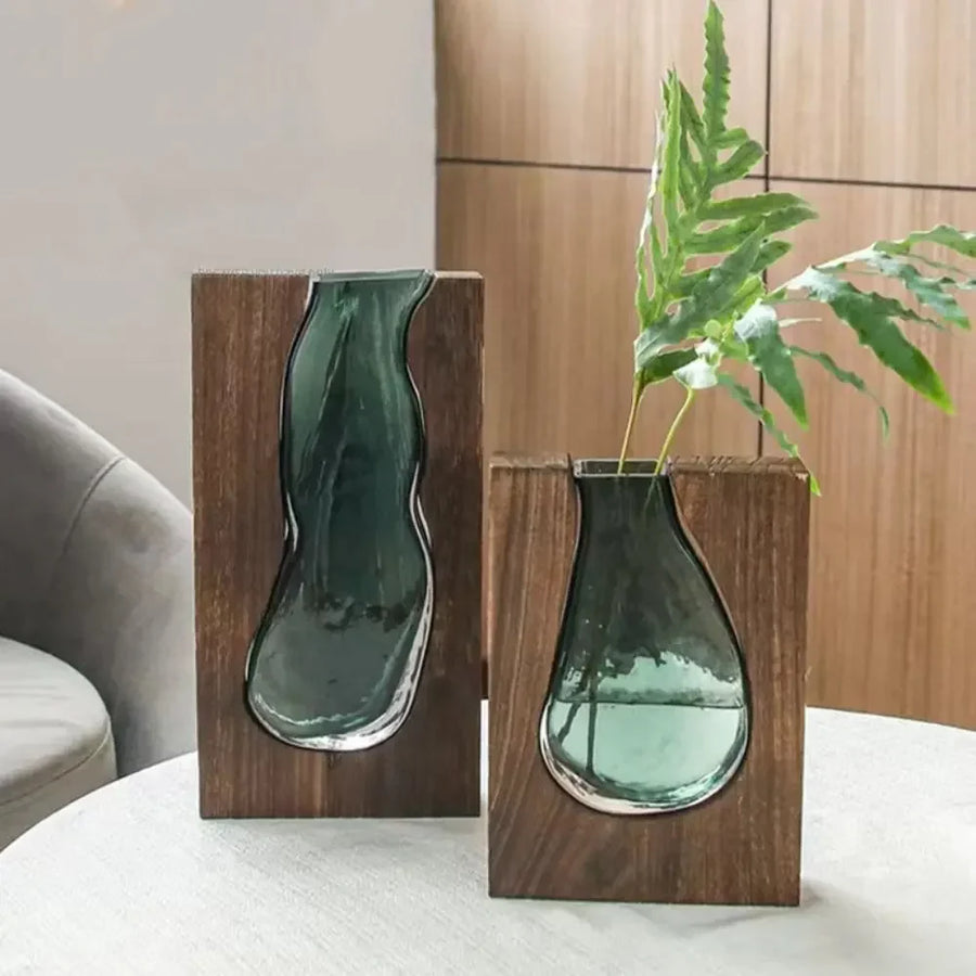 Geometric Wooden Glass Accent Flower Vase - Image 0