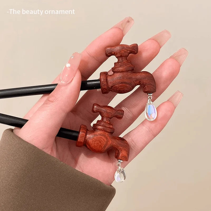Vintage Wood Faucet Water Drop Hairpin - Image 4