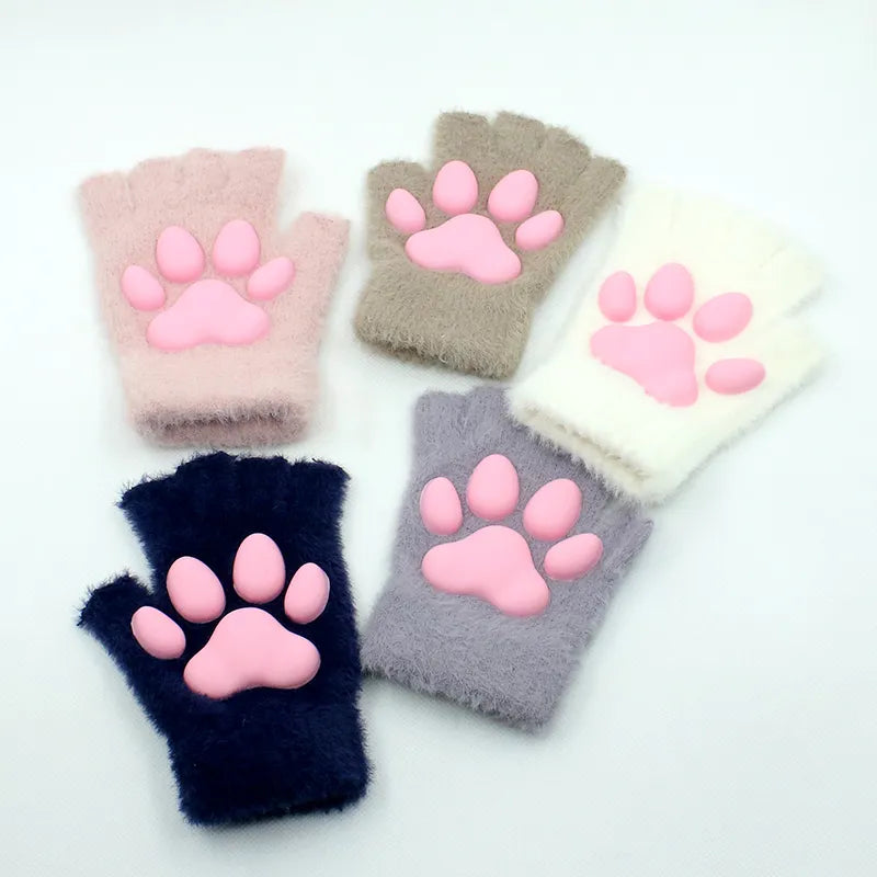 3D Cat Paw Soft Fingerless Gloves