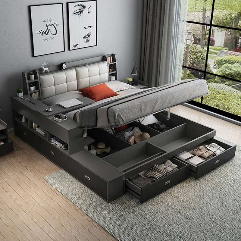 King Space Wooden Built-In Storage Modern Tatami Bed - Image 0