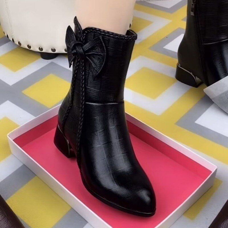 British Style Leather High Heel Ankle Boots