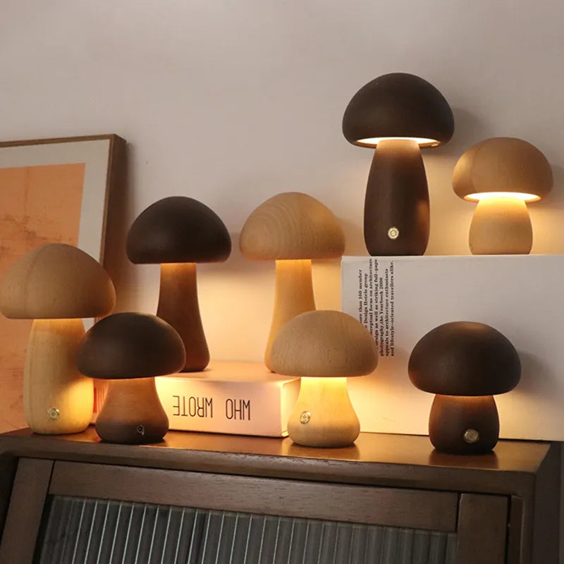 Touch Switch Wooden Mushroom LED Night Lamp