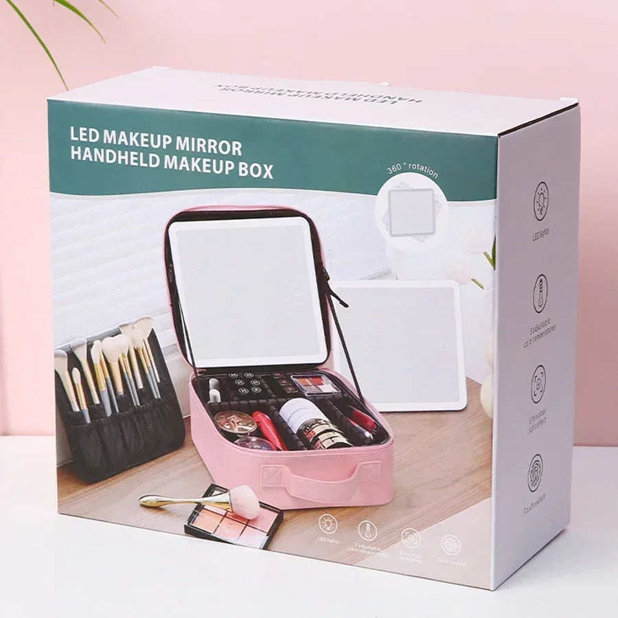 habe travel makeup bag with mirror Makeup Bag with Mirror and Lights Travel Makeup Train Case Cosmetic Bag Organizer Pink