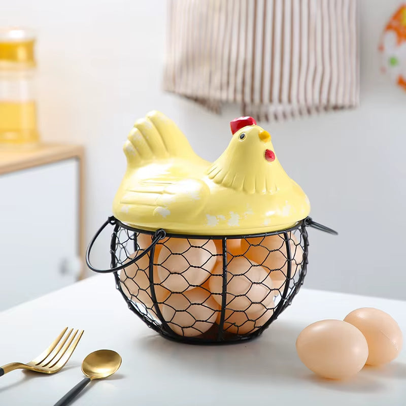 Ceramic Egg Holder Chicken with Wire Basket - Image 8
