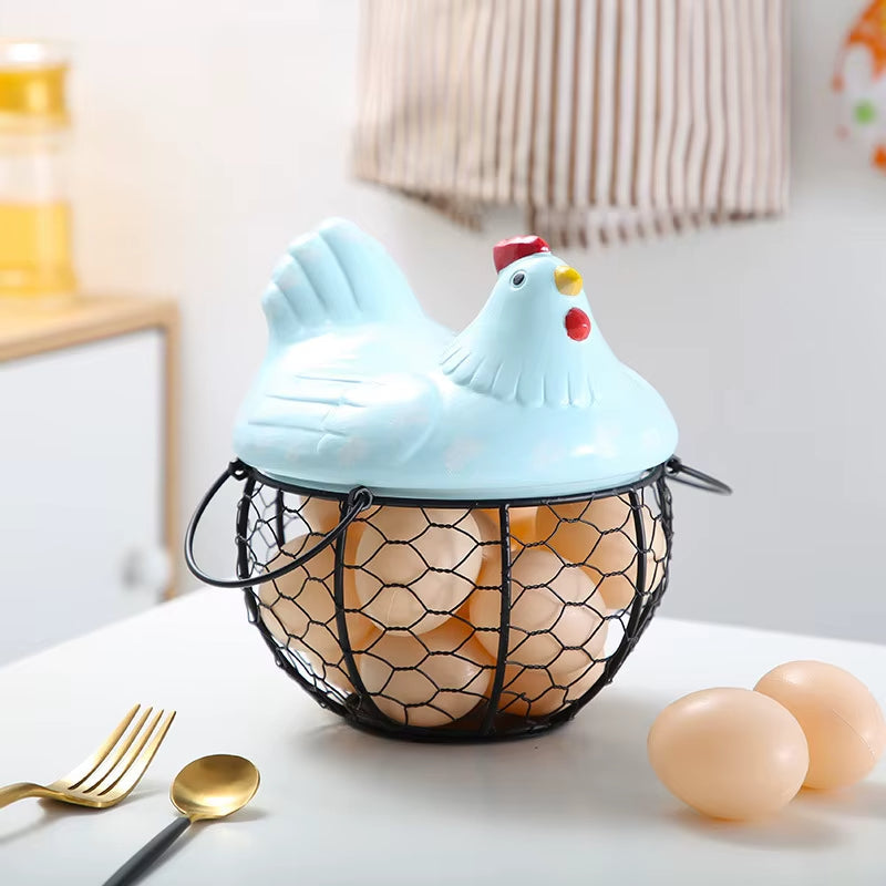 Ceramic Egg Holder Chicken with Wire Basket - Image 5