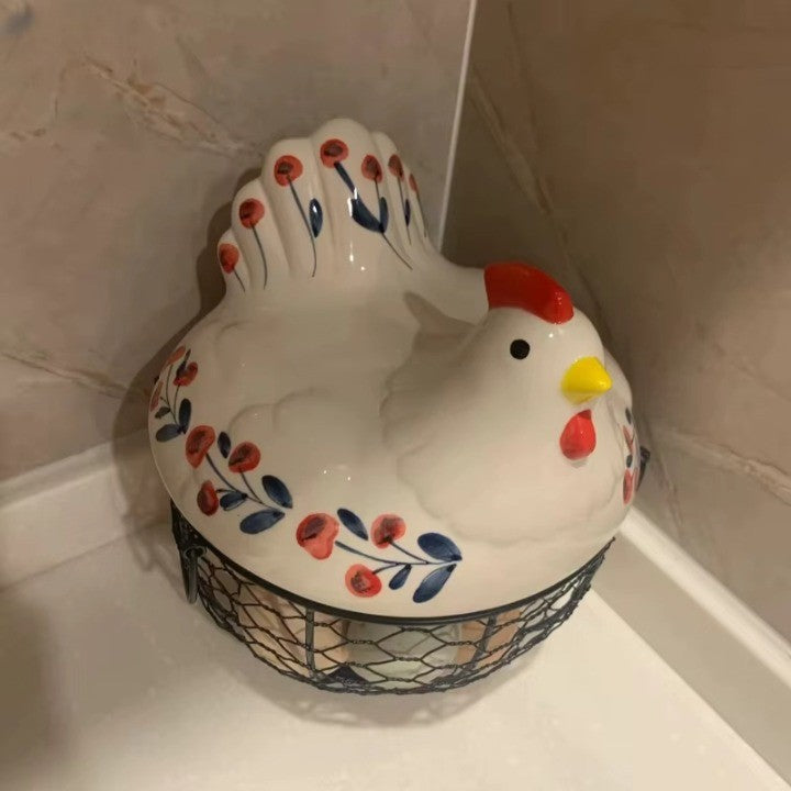 Ceramic Egg Holder Chicken with Wire Basket - Image 1