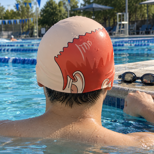Red full-hair silicone swim cap worn at the pool