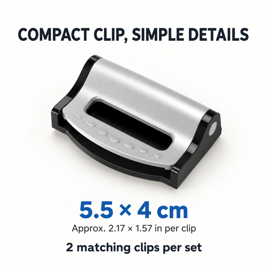 BeltEase clip dimensions, 5.5 by 4 cm per clip, two matching clips per set