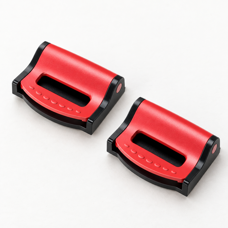Red BeltEase car seat belt clips, set of two