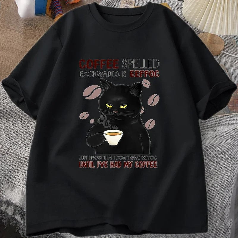 Coffee Spelled Backwards Cat Funny T-Shirt - Image 3