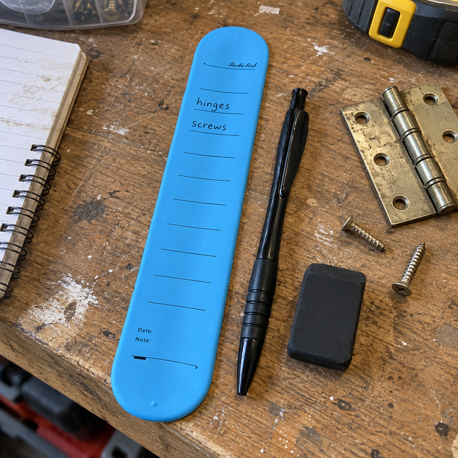 Blue memo wristband set with repair reminders on a workbench