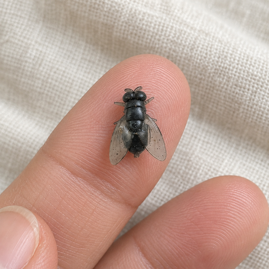 Large fly stud earring resting on a fingertip