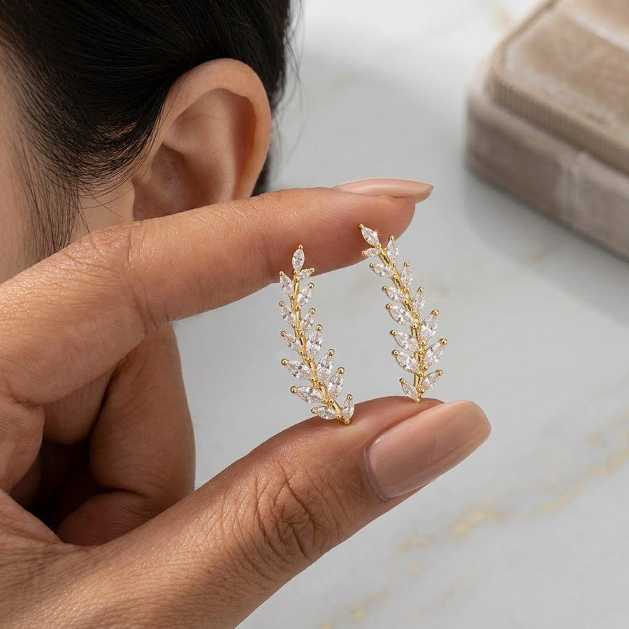 Silver Leaf Rhinestone Climber Earrings