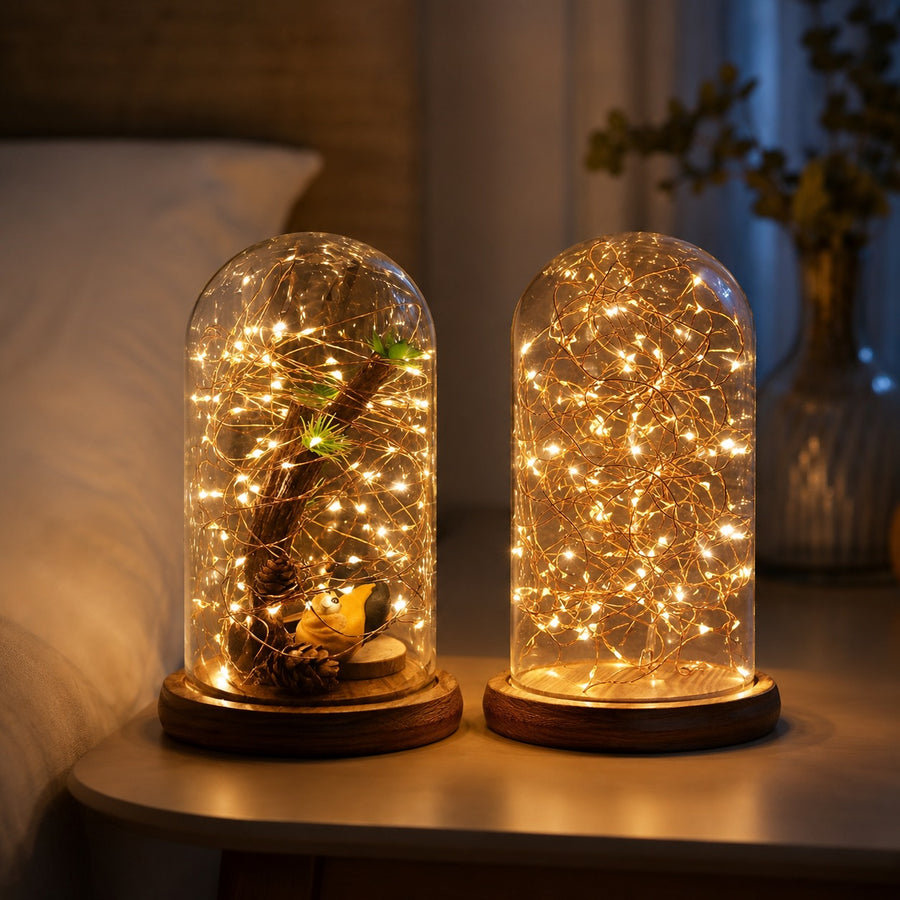 Christmas Cylinder Glass Dome Display with Wooden Base