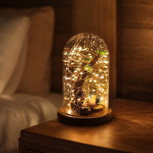 Christmas Cylinder Glass Dome Display with Wooden Base