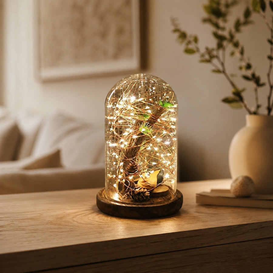 Christmas Cylinder Glass Dome Display with Wooden Base