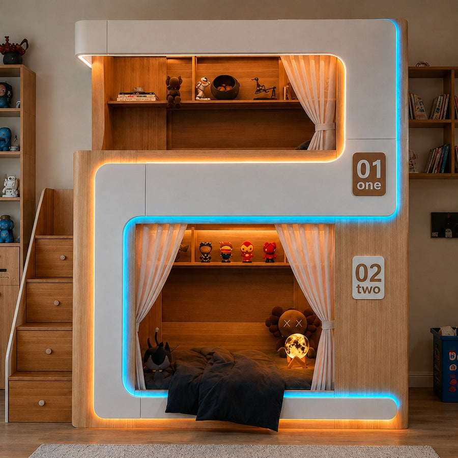 European Cute Room Modern Wooden Bunk LED Bed