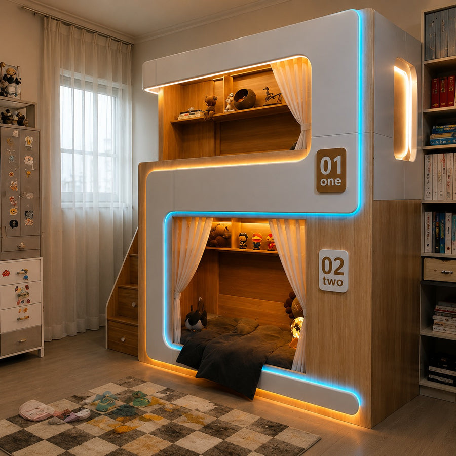 European Cute Room Modern Wooden Bunk LED Bed