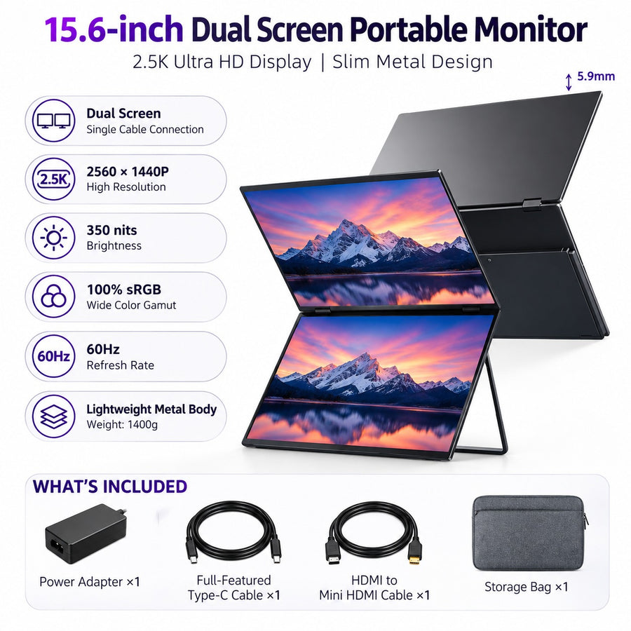 Zero Setup Dual Screen Portable Laptop Monitor