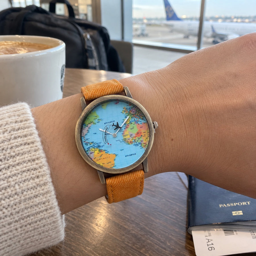 Old Atlas World Map Dial Wristwatch