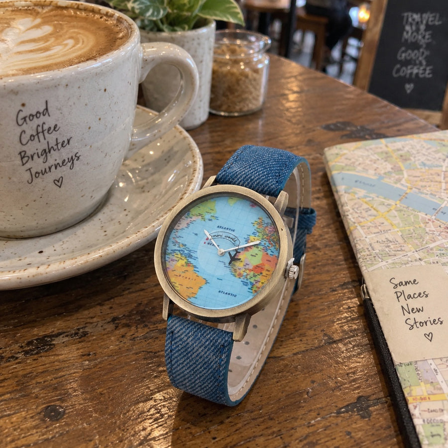 Old Atlas World Map Dial Wristwatch