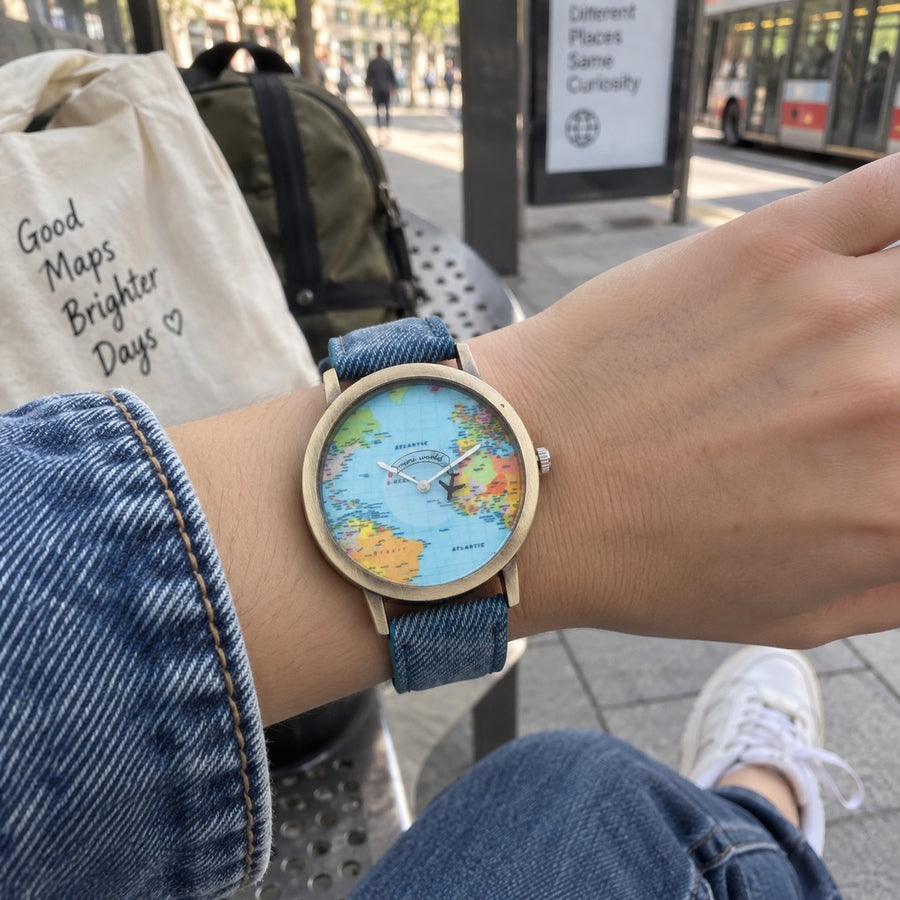 Old Atlas World Map Dial Wristwatch
