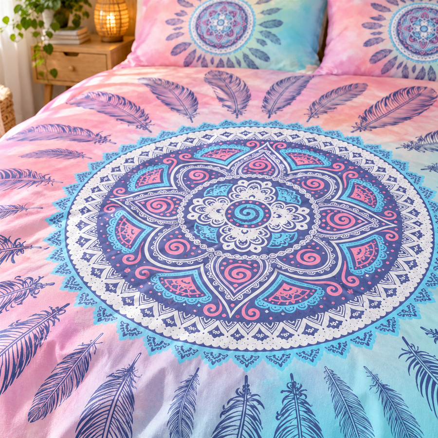Set Copripiumino Con Mandala Rosa e Blu Confortevole da 3 Pezzi