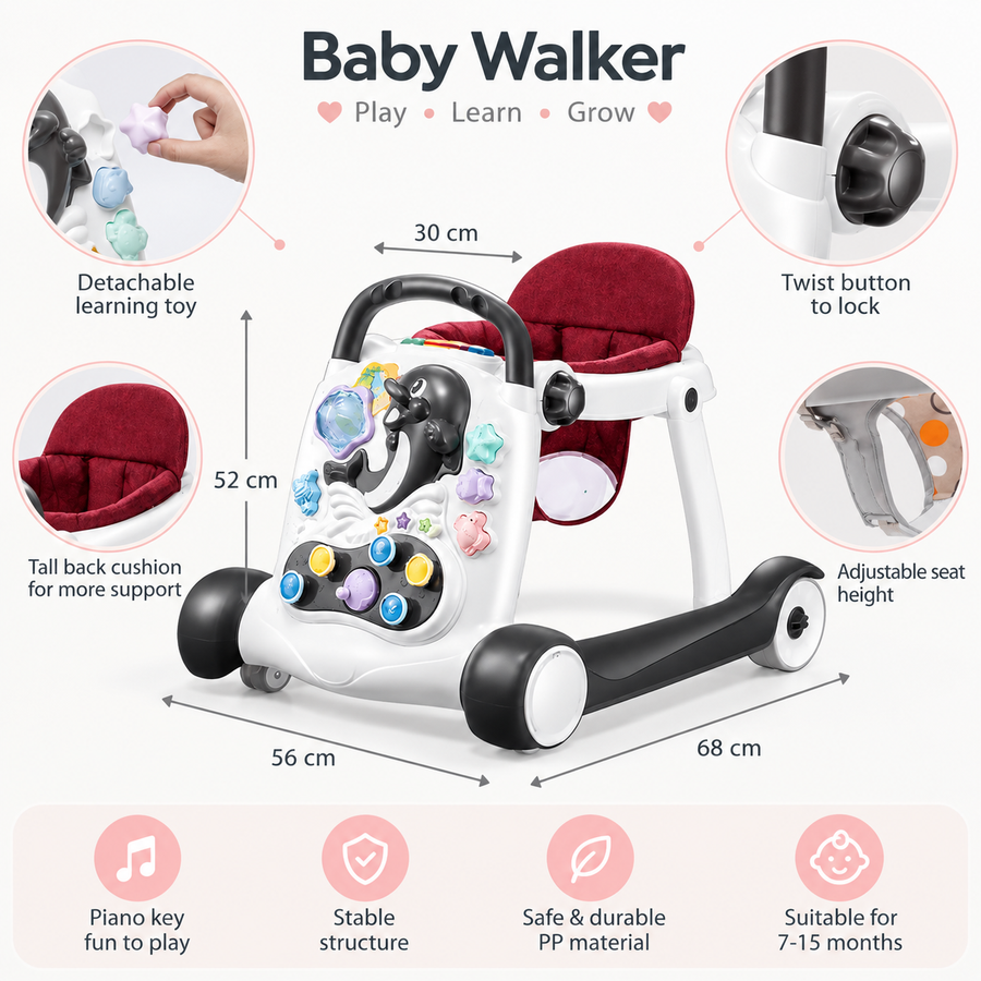 Anti-Rollover Multi-function Baby Walker with Music