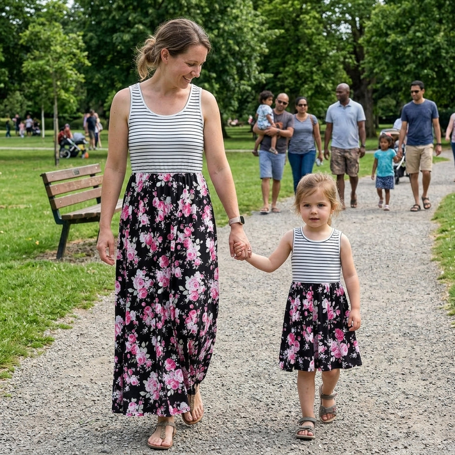 Blumen-Muster: Süßes Mutter-Tochter-Sonnenkleid im Partnerlook