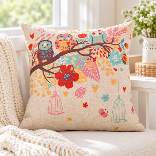 Kuş Desenli Dekoratif Ev Yastık Kılıfları