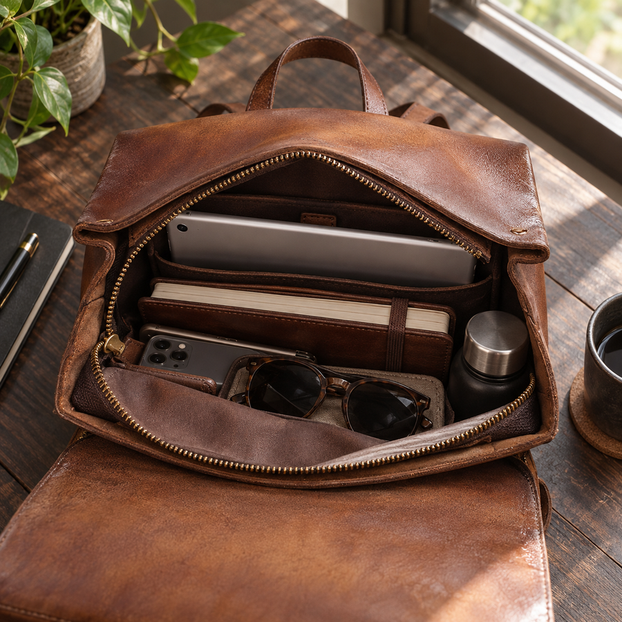 Luxuriöser, schlichter Rucksack aus echtem Leder im japanischen Stil