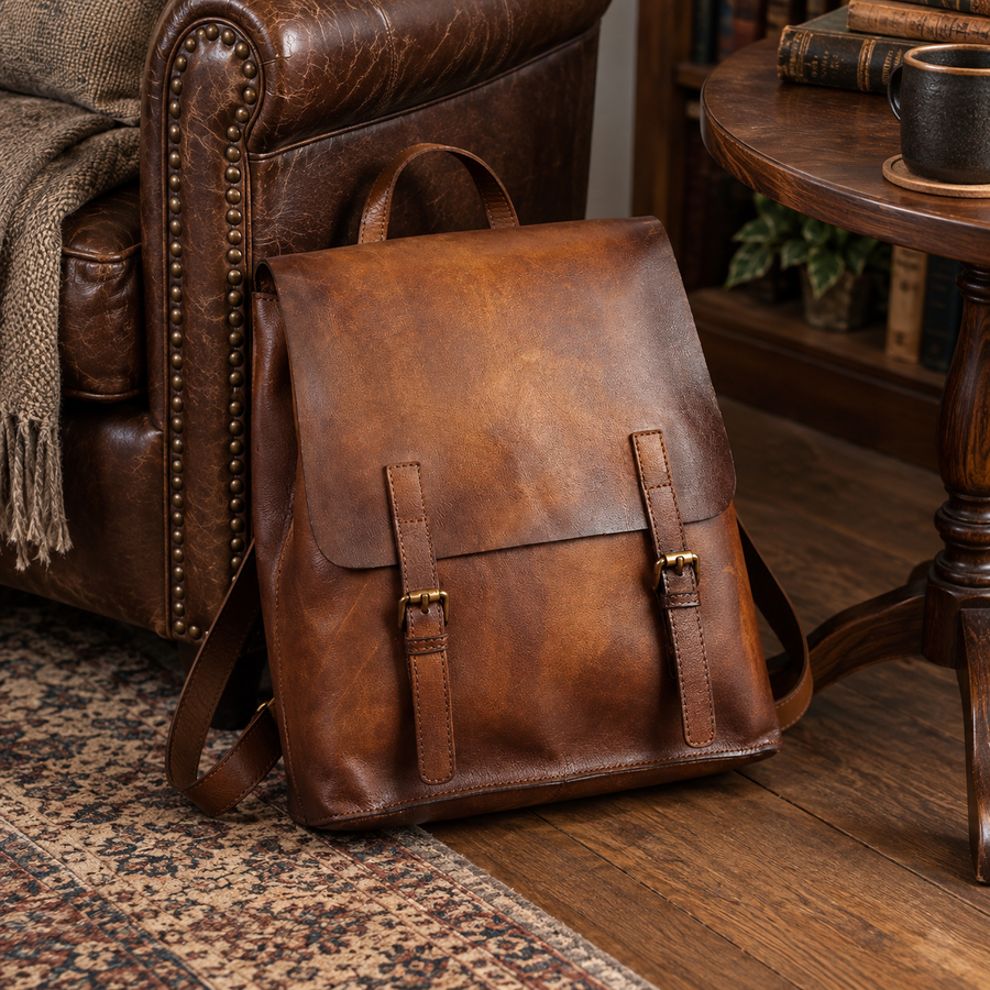 Luxuriöser, schlichter Rucksack aus echtem Leder im japanischen Stil