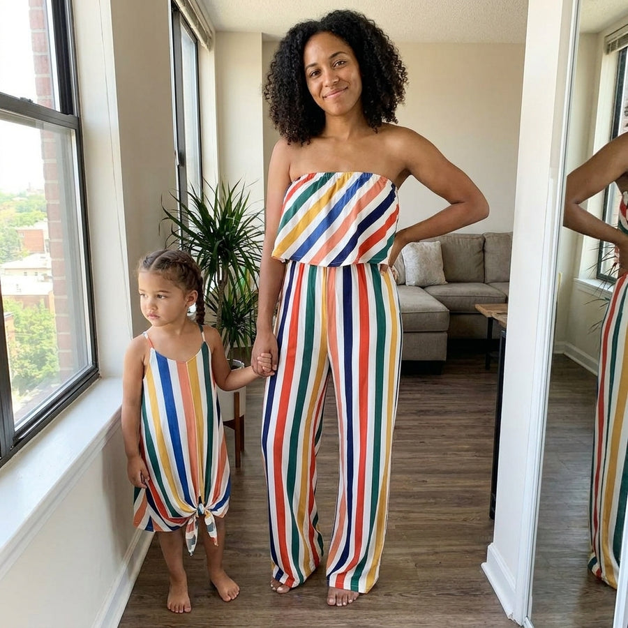 Strapless Rainbow Striped Mom-Daughter Matching Clothes
