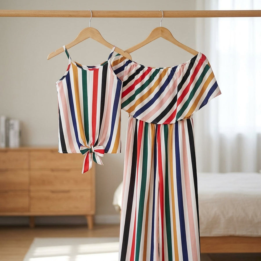 Strapless Rainbow Striped Mom-Daughter Matching Clothes