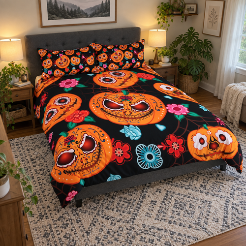 Juego de Funda Nórdica de Flores y Calabazas de Halloween