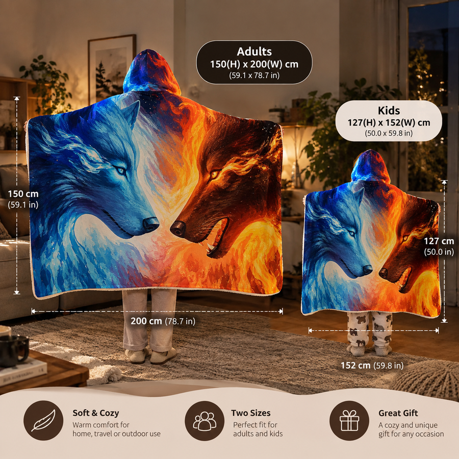 Couverture à Capuche Portable 3D Glace et Feu
