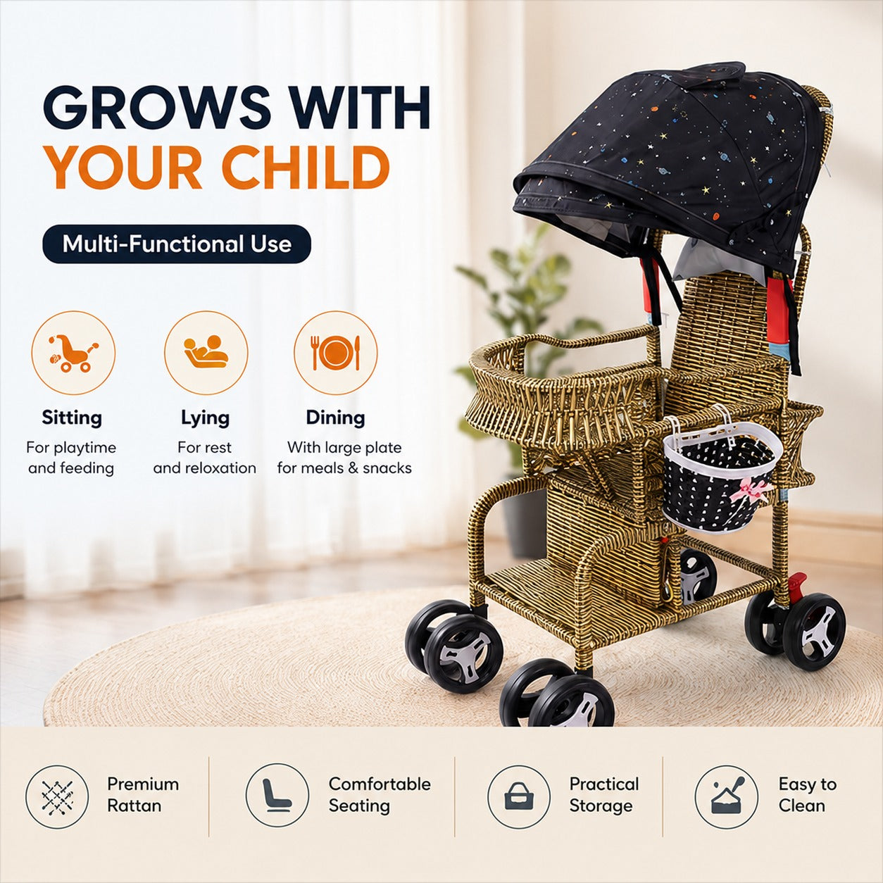 Bellaria Lightweight Vintage Rattan Summer Baby Stroller - Image 1