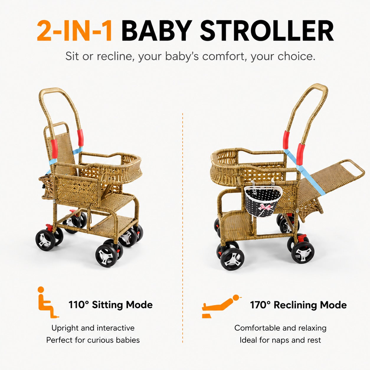Bellaria Lightweight Vintage Rattan Summer Baby Stroller - Image 7