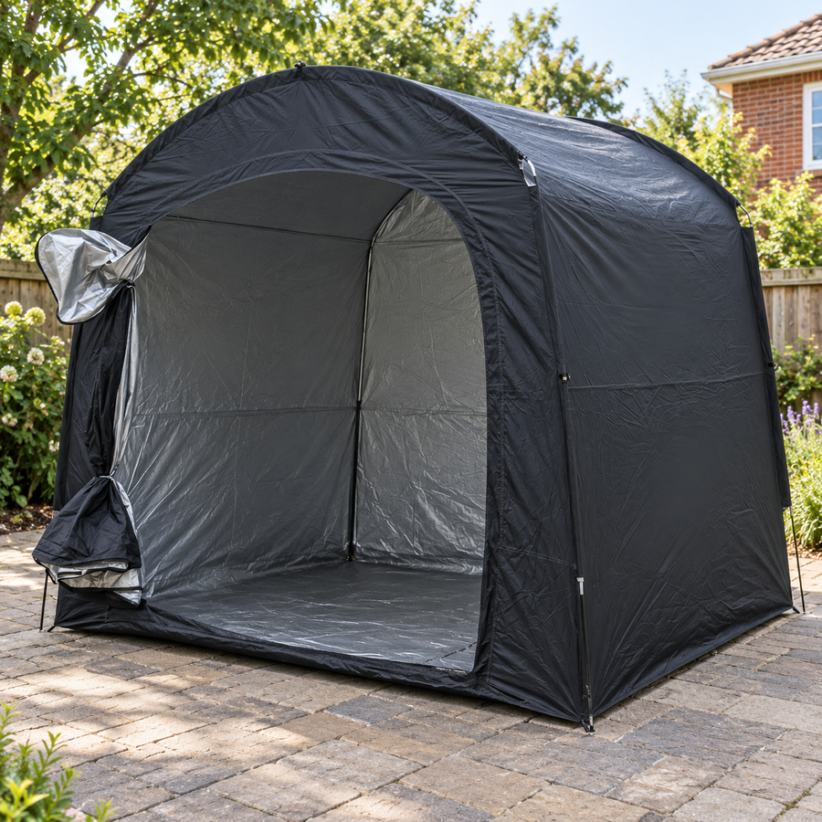 Large black shelter · front entrance