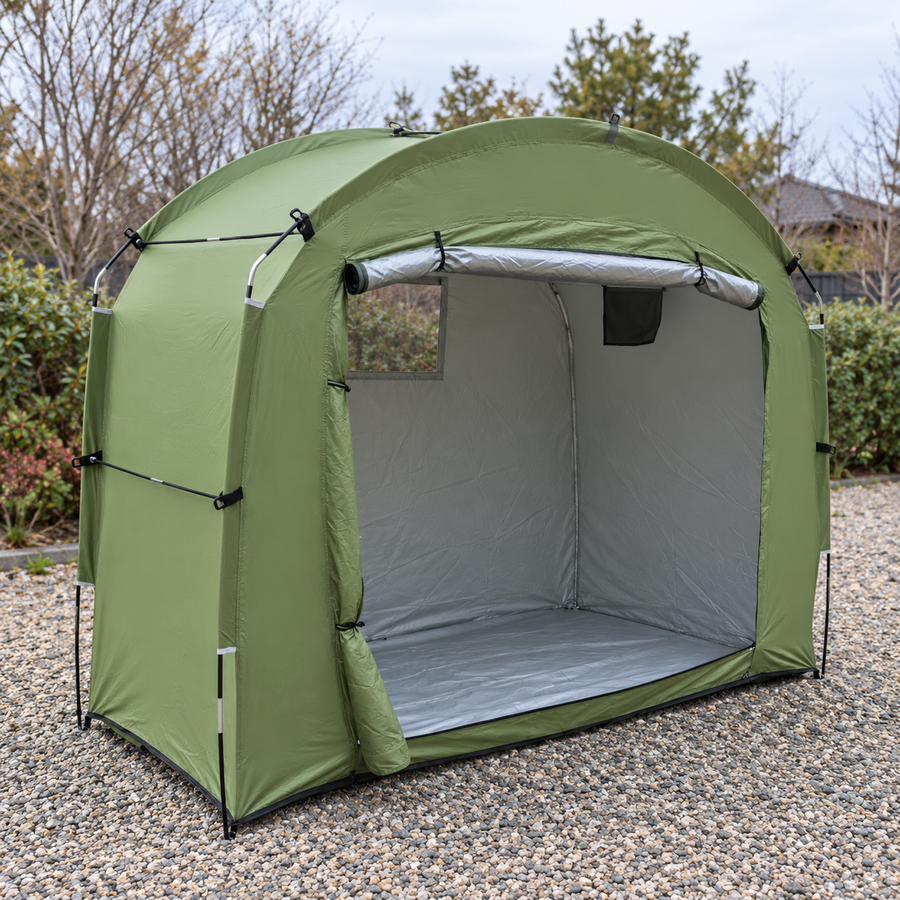 Small green shelter · empty interior