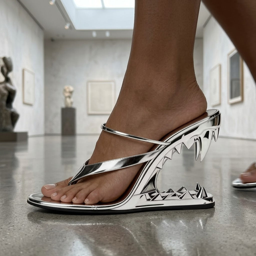 Jawline Metallic Shark-Tooth Heel Sandals