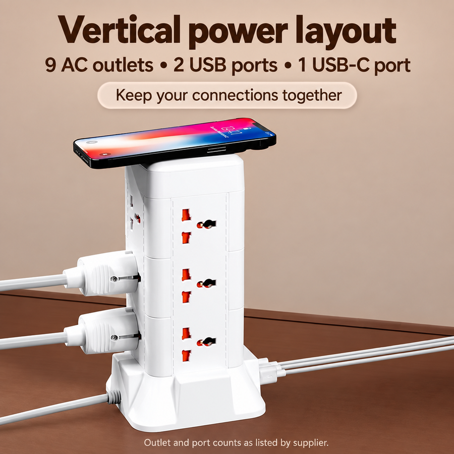 Vertical design: nine AC outlets, two USB ports and one USB-C port