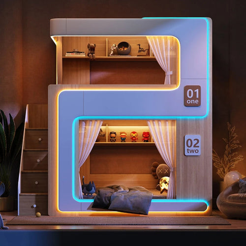 European Cute Room Modern Wooden Bunk LED Bed - Image 0