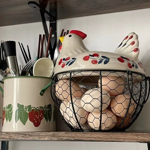 Ceramic Egg Holder Chicken with Wire Basket - Image 0