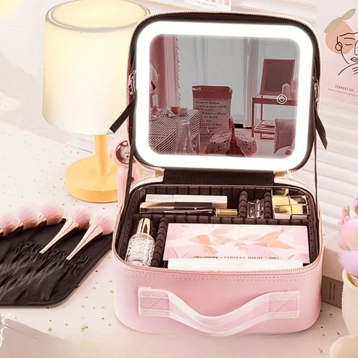 habe travel makeup bag with mirror Makeup Bag with Mirror and Lights Travel Makeup Train Case Cosmetic Bag Organizer Pink