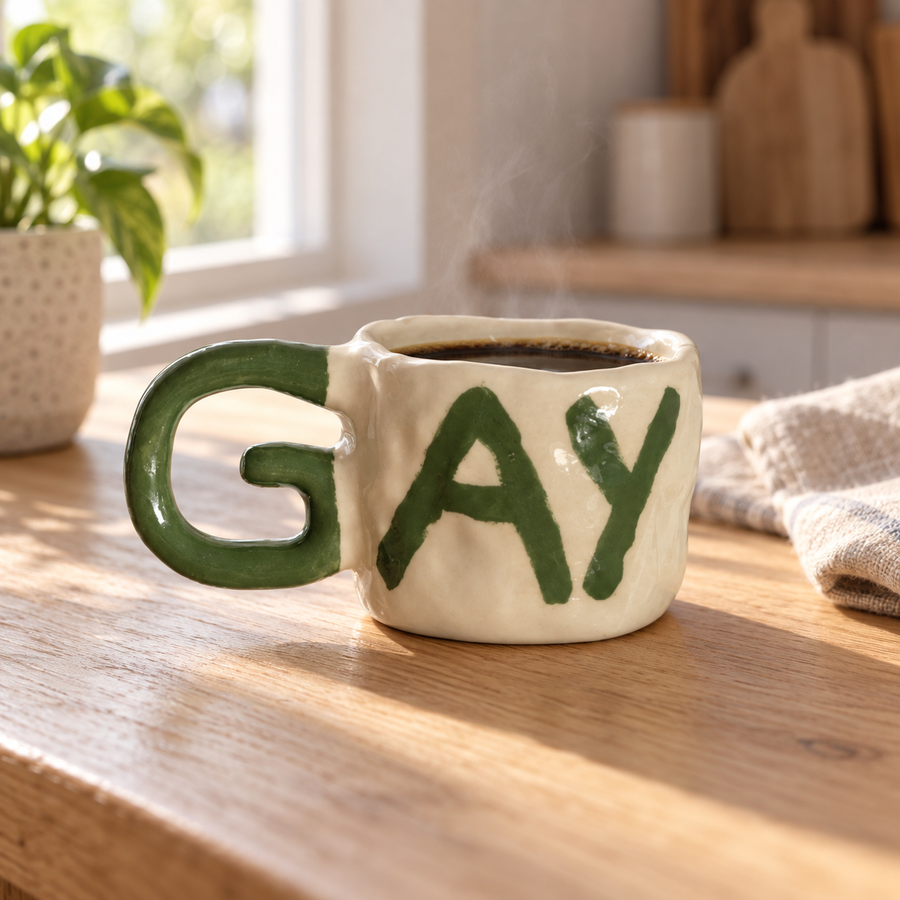 Hidden G Coffee Mug filled with coffee beside a kitchen window